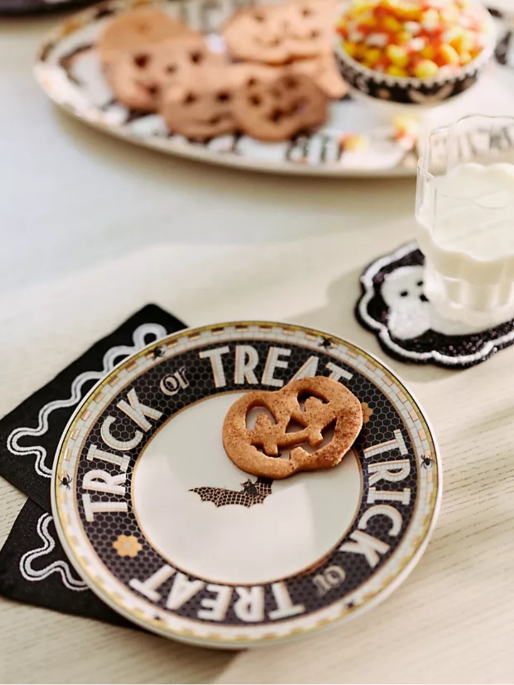 Anthropologie Bistro Tile Gold "Trick or Treat" Halloween Dinner Plate